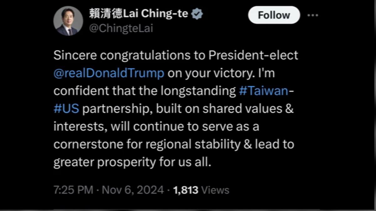 Lai Ching-te congratulates Trump on election victory (Screengrab from X)